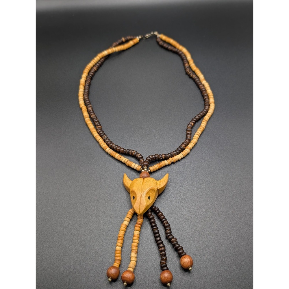 Vintage 1980s Style Carved Wood Steer Head Necklace Bull Horn Western Boho 21"